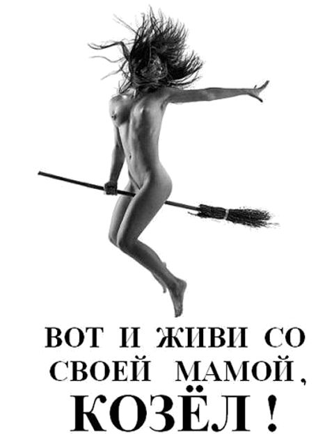 голая ведьма, улетая на помеле, кричит мужу - вот и живи со своей мамой, козел!