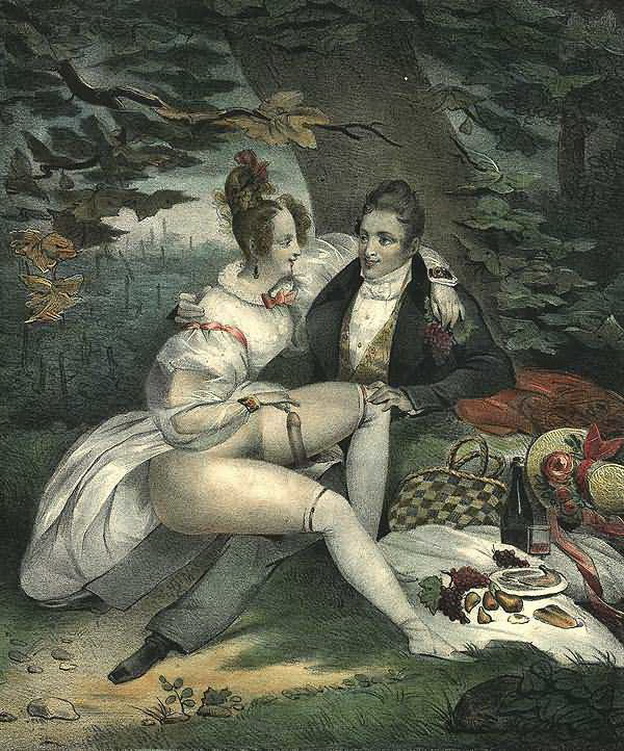 Пикник аристократки сидящей на большом члене, старинная эротическая гравюра