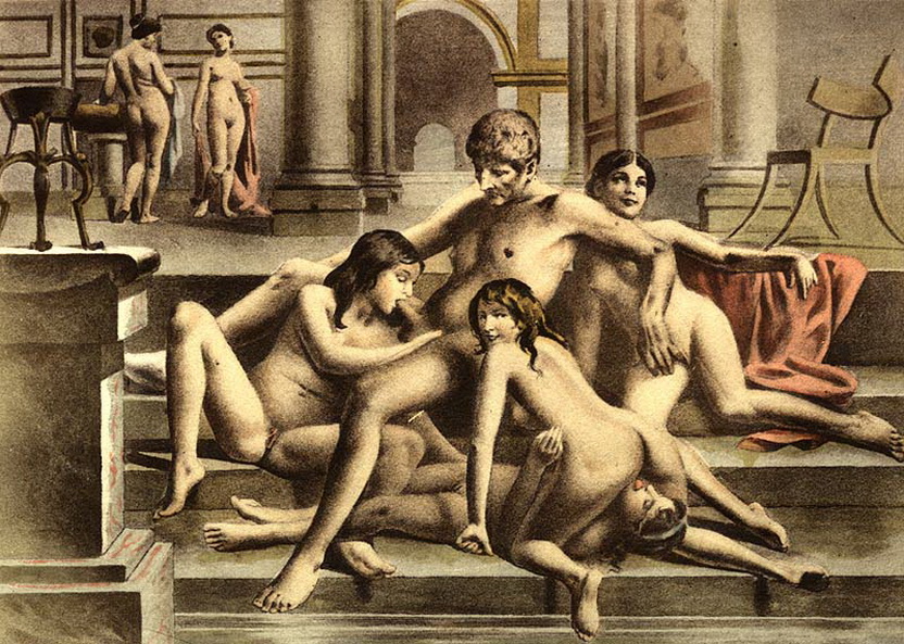 оргия мужчины с шестью голыми девушками, старинная эротическая гравюра