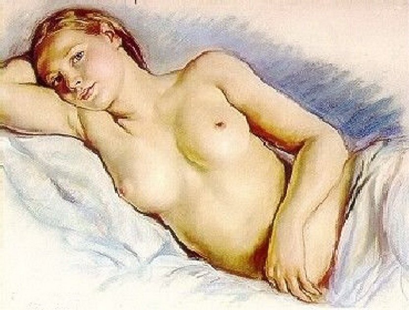 портрет круглолицей девушки с такими же круглыми сиськами. эротическая живопись и графика, ню, живопись