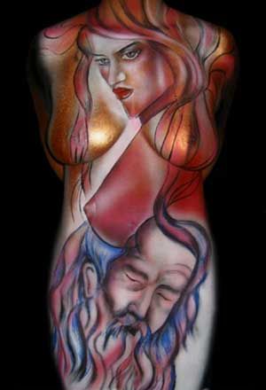 Лица и сиська.   фото бодиарта девушки, body art