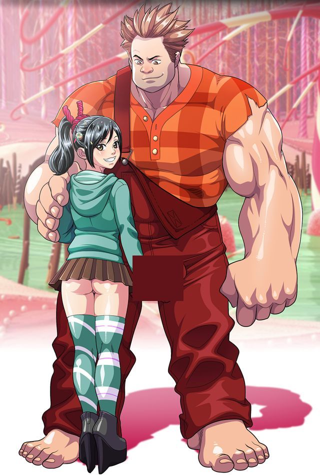 молоденькая подружка Ральфа из мультфильма Wreck-It Ralph стоя без трусиков щупает огромные яйца своего приятеля