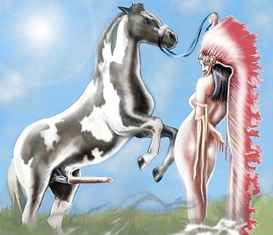эротика с персонажами мультяшных животных, индейская девушка дрессирует четвероногого с поднятым пенисом  , рисунок