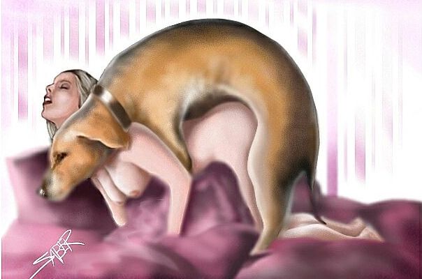 эротика с персонажами мультяшных животных, пес трахает девушку на ее кровати, рисунок